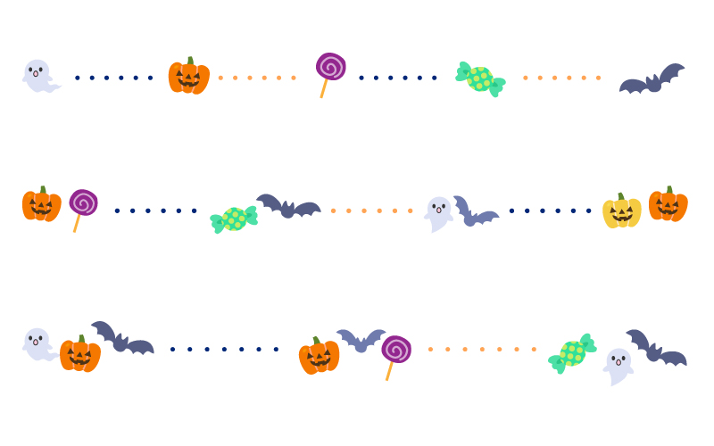 お化けやコウモリなどのハロウィン（halloween）と点線の罫線イラスト